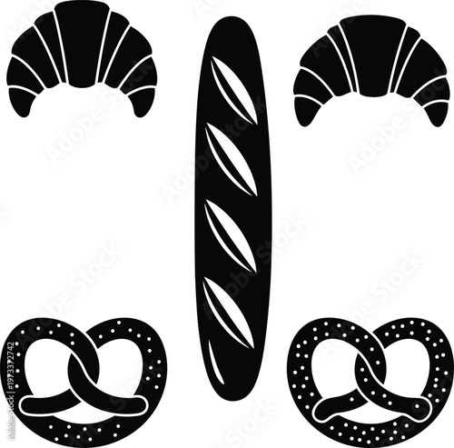 Bakery icons, bread and pastry symbols, black vector illustrations, croissant, pretzel, baguette