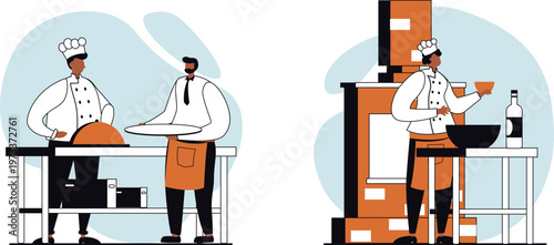 Chefs in a kitchen preparing and serving dishes with teamwork