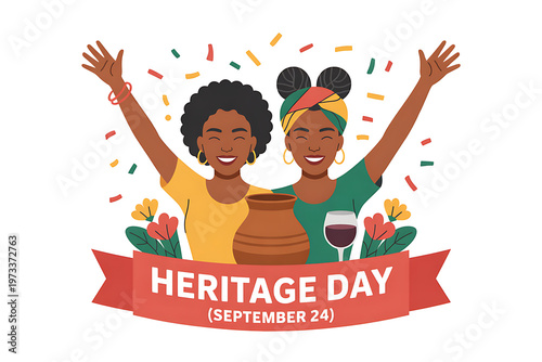 Two women celebrating heritage day with arms raised in joy on isolated white background