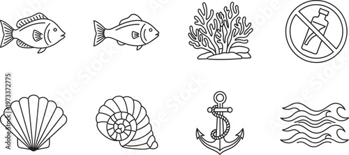 Diverse set of outline icons featuring marine life ocean elements and a no plastic bottle sign ideal for environmental conservation projects and digital interfaces
