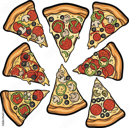 Various pizza slices with different toppings are arranged on a white background.