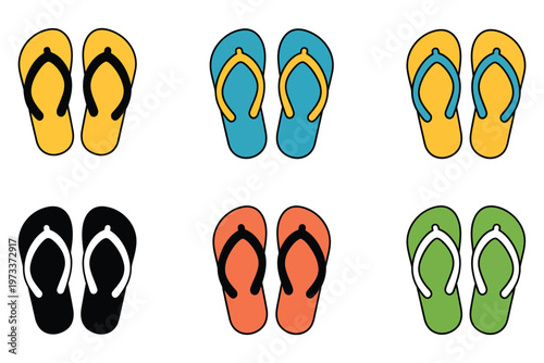 Six pairs of pixel art flip flops in a grid displaying various color combinations. isolated on white background