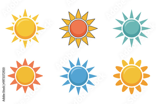 Six colorful pixel art sun icons arranged in a grid for weather applications or video game assets isolated on white background
