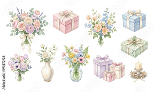 Watercolor Mother's Day Gift & Flower Clipart Set — 10 Floral Bouquet & Present Elements 