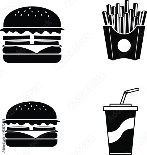 Black and white icons of burgers, fries and soda for fast food.