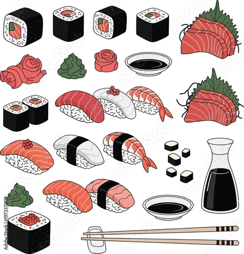 Assorted sushi and sashimi items with soy sauce and chopsticks isolated.