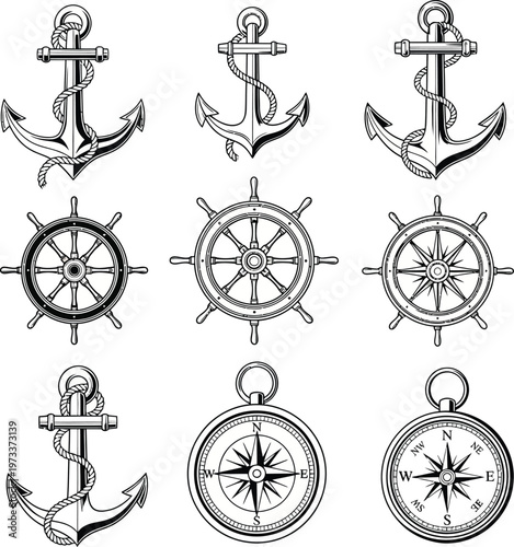 Nautical symbols anchors and wheels isolated on white for design.