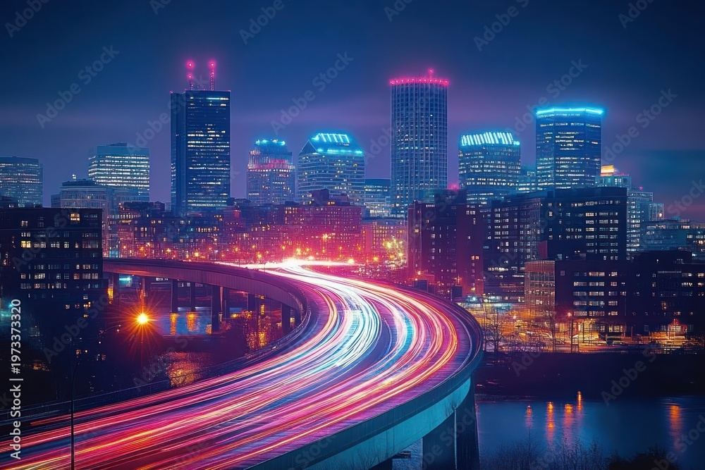 Fototapeta premium Curving elevated highway with colorful light trails leading into a neon-lit modern city skyline reflected in water, dynamic and futuristic night energy
