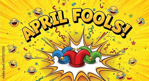 Funny April Fools' Day illustration with cartoon jester hats popping out of a comic explosion bubble, colorful confetti flying everywhere, bold playful text “APRIL FOOLS!”