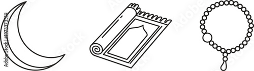 Set of minimalist Islamic symbols featuring a crescent moon prayer mat and tasbih beads ideal for religious holiday designs or cultural illustrations