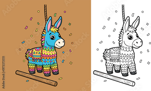 Colorful Cartoon Donkey Piñata with Confetti and Stick