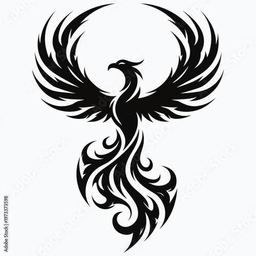 Black Phoenix Bird, Mythical Creature, Tattoo Design, Vector Illustration, Fantasy Animal