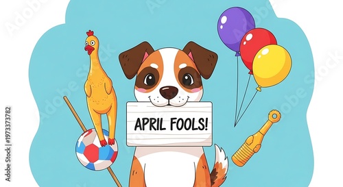 Adorable dog holding a sign in its mouth that says “April Fools!”, surrounded by prank toys like rubber chicken and balloons