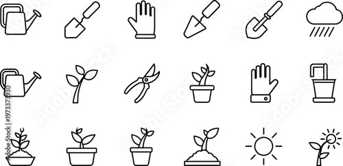 Gardening icons set isolated on a white background for design.