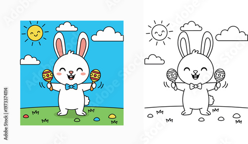Cheerful Cartoon White Bunny with a Bow Tie Playing Maracas Under a Smiling Sun