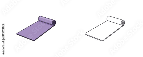 Yoga fitness mat cartoon illustrations in flat purple and black line art styles represents gym equipment for exercise training isolated on white background