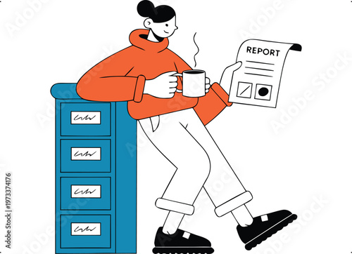 Person reviewing business report with coffee, leaning on filing cabinet in a modern office illustration.