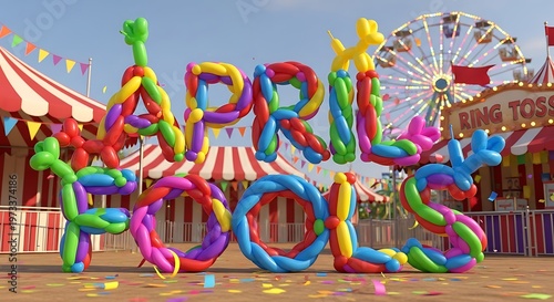 Colorful balloon animals twisting together to form the words “April Fools”, carnival theme, bright playful atmosphere, cheerful party design