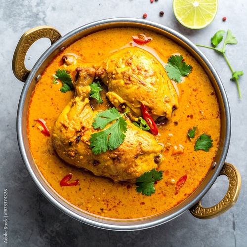 A close-up shot shows a rich, golden-hued chicken dish in a round, handled metal bowl. Garnished with cilantro & lime