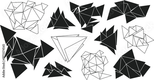 Abstract geometric shapes and origami-like figures composed of black lines and triangles on white.