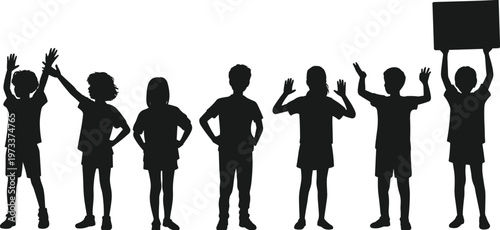Group of black silhouettes of children boys and girls standing in a row in various poses holding a blank sign for education and childhood concept.