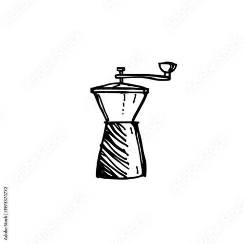 Coffee grinder icon logo design. Manual coffee mill sign and symbol. Hand drawn coffee grinder icon. Kitchen appliance for cafe.