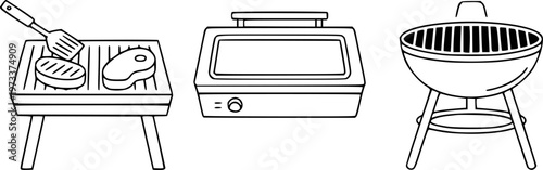 Distinct line of grilling equipment including steaks a grill with spatula electric grill and charcoal barbecue