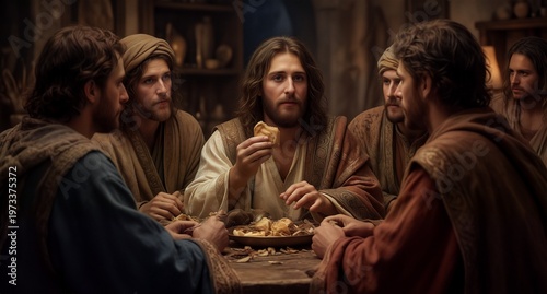 Jesus Christ sharing bread with his disciples at the Last Supper