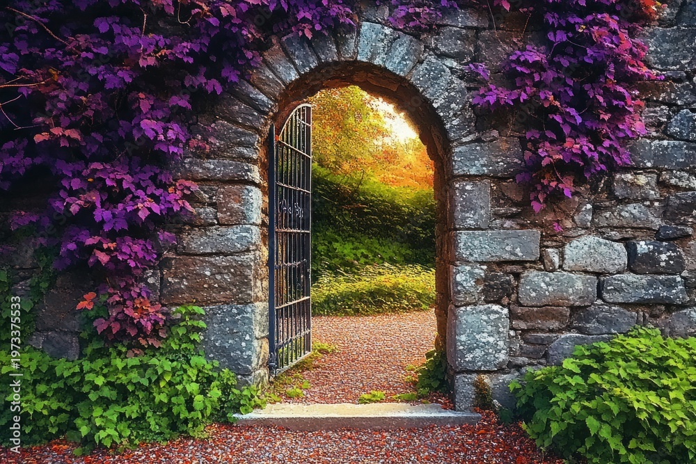 Obraz premium stone archway with open iron gate, purple ivy and green foliage framing a sunlit gravel garden path, serene and inviting autumnal scene