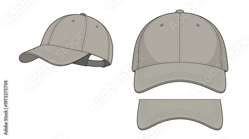 Set of baseball cap illustrations showing front, side, and disassembled views on a white background.
