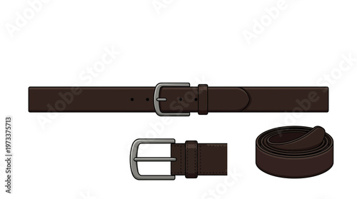 A brown leather belt shown in three different states: fully extended, a close-up of the buckle, and rolled up.