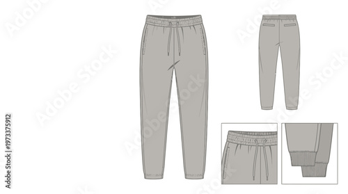 Flat technical drawing of grey sweatpants with drawstring and elastic waistband, presented in multiple views.