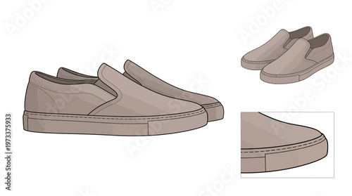 A pair of beige slip-on canvas shoes shown from different angles, including a close-up detail of the toe.