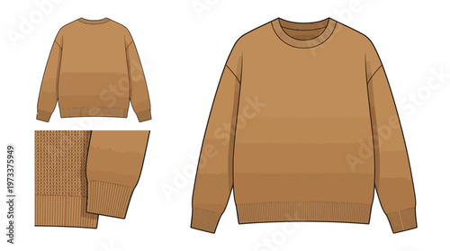 Flat fashion illustration of a brown crew neck sweater with long sleeves and ribbed cuffs and hem.