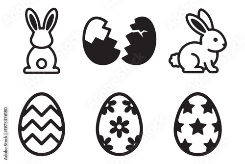 Collection of black silhouette vector icons representing various decorated easter eggs and holiday symbols. Easter Icon Set – Bunny Rabbit Silhouette, Cracked Egg Glyph, Decorated Outline Easter Eggs