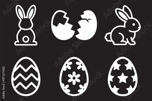 Collection of black silhouette vector icons representing various decorated easter eggs and holiday symbols. Easter Icon Set – Bunny Rabbit Silhouette, Cracked Egg Glyph, Decorated Outline Easter Eggs