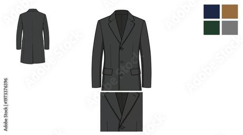 Fashion illustration of a dark grey men's wool coat with a classic lapel and button closure, shown with color swatches.
