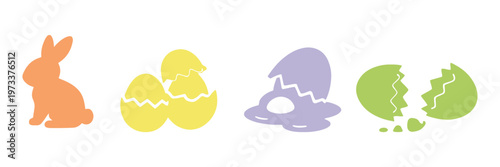 Cute Easter clip art set, vector bunny rabbit eggs and flowers vector silhouette shapes. Easter Glyph Icon Set – Sitting Bunny Rabbit, Hatching Chick Egg, Cracked Egg, Broken Egg Shell Solid Black