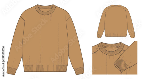 Flat fashion sketch of a simple brown crew neck sweatshirt with ribbed cuffs and hem, shown from front, back, and detail views.