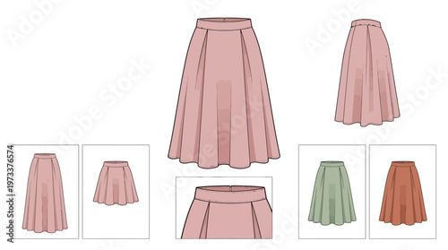 Fashion illustration of a pleated midi skirt in various colors and views, showcasing design details.