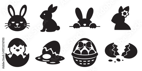 Set of Easter holiday black line icons with decorated eggs, bunny, chick, lamb, basket, and cross, a minimalist vector. Easter Glyph Icon Set – Bunny Face, Peeking Rabbit, Easter Chick, Basket