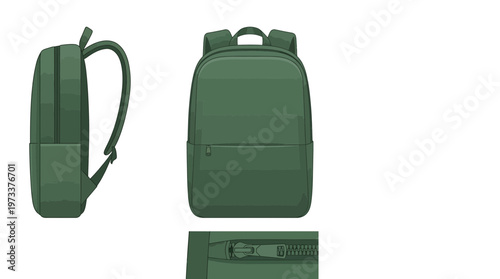 A modern, minimalist green backpack shown from the front and side, with a close-up of the zipper detail.