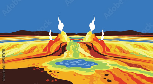 Stunning Illustration of a Hot Spring Landscape with Vibrant Geothermal Features