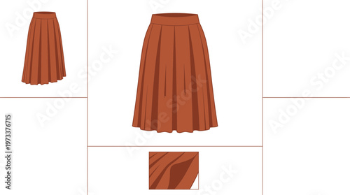 A stylish pleated midi skirt in a warm terracotta or rust color, presented in multiple views including a close-up of the fabric texture.