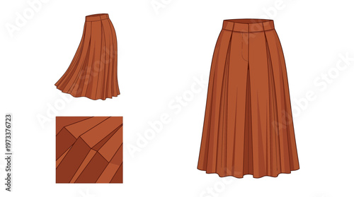 Fashion illustration of a pleated midi skirt in a warm brown color, shown from the front, side, and a fabric detail.