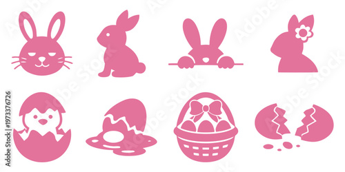 Set of Easter holiday black line icons with decorated eggs, bunny, chick, lamb, basket, and cross, a minimalist vector. Easter Glyph Icon Set – Bunny Face, Peeking Rabbit, Easter Chick, Basket
