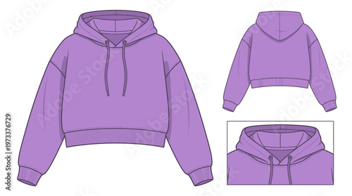 Fashion flat sketch of a purple cropped hoodie with drawstrings and ribbed cuffs, front and back views, and detail.