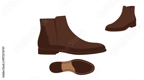 Illustration of a brown leather Chelsea boot shown from three different angles: side, top, and sole.