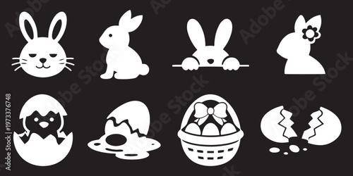 Set of Easter holiday black line icons with decorated eggs, bunny, chick, lamb, basket, and cross, a minimalist vector. Easter Glyph Icon Set – Bunny Face, Peeking Rabbit, Easter Chick, Basket