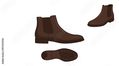 Illustration of a brown leather Chelsea boot shown from three different angles: side view, top view, and sole view.